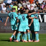I calciatori del Bologna esultano per il gol in Cagliari-Bologna