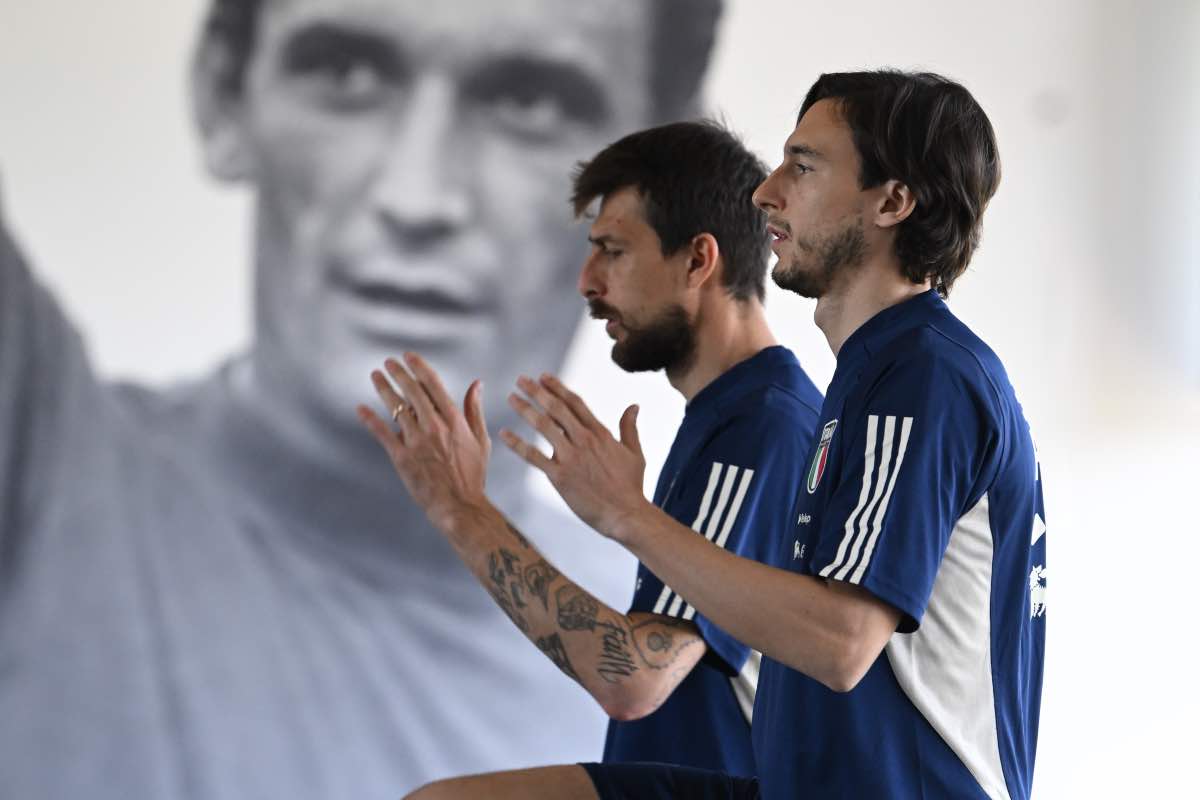 Matteo Darmian e Francesco Acerbi in un allenamento con l’Italia (2023)