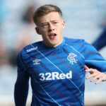 GLASGOW, SCOTLAND - MARCH 21: Connor Barron of Rangers is seen warming up during the William Hill Premiership match between Rangers and Aberdeen at Ibrox Stadium on March 21, 2026 in Glasgow, Scotland.