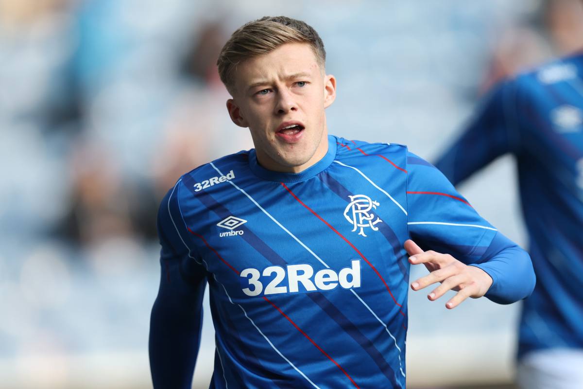 GLASGOW, SCOTLAND - MARCH 21: Connor Barron of Rangers is seen warming up during the William Hill Premiership match between Rangers and Aberdeen at Ibrox Stadium on March 21, 2026 in Glasgow, Scotland.