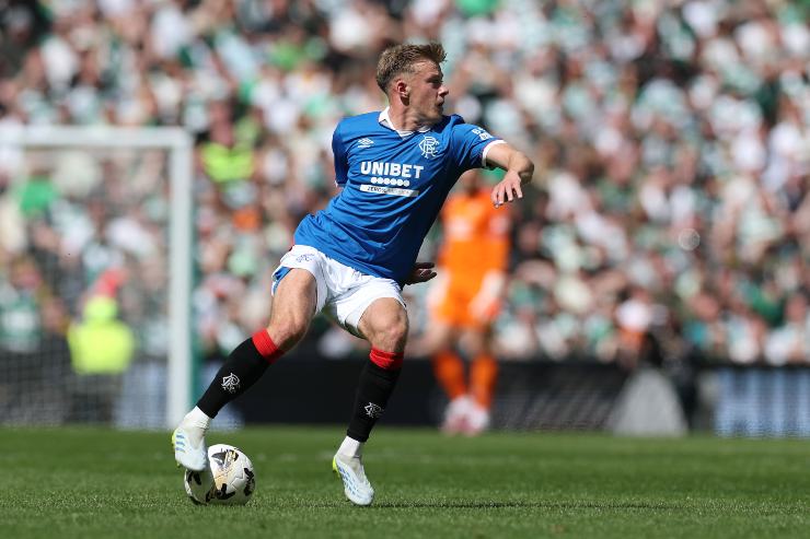 GLASGOW, SCOTLAND - MAY 10: Connor Barron of Rangers controls the ball during the Premier League match between Celtic and Rangers at Celtic Park on May 10, 2026 in Glasgow, Scotland.