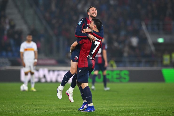 APRIL 12: Riccardo Orsolini of Bologna celebrates scoring his team's second goal with Federico Bernardeschi during the Serie A match between Bologna FC 1909 and US Lecce at Renato Dall'Ara Stadium on April 12, 2026 in Bologna, Italy.