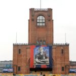 A giant flag on the Maratona's tower of Renato Dall'Ara Stadium to remember ancient Bologna's champion Giacomo Bulgarelli during the Serie A match between Bologna FC and Juventus FC at Stadio Renato Dall'Ara on October 24, 2010 in Bologna, Italy.