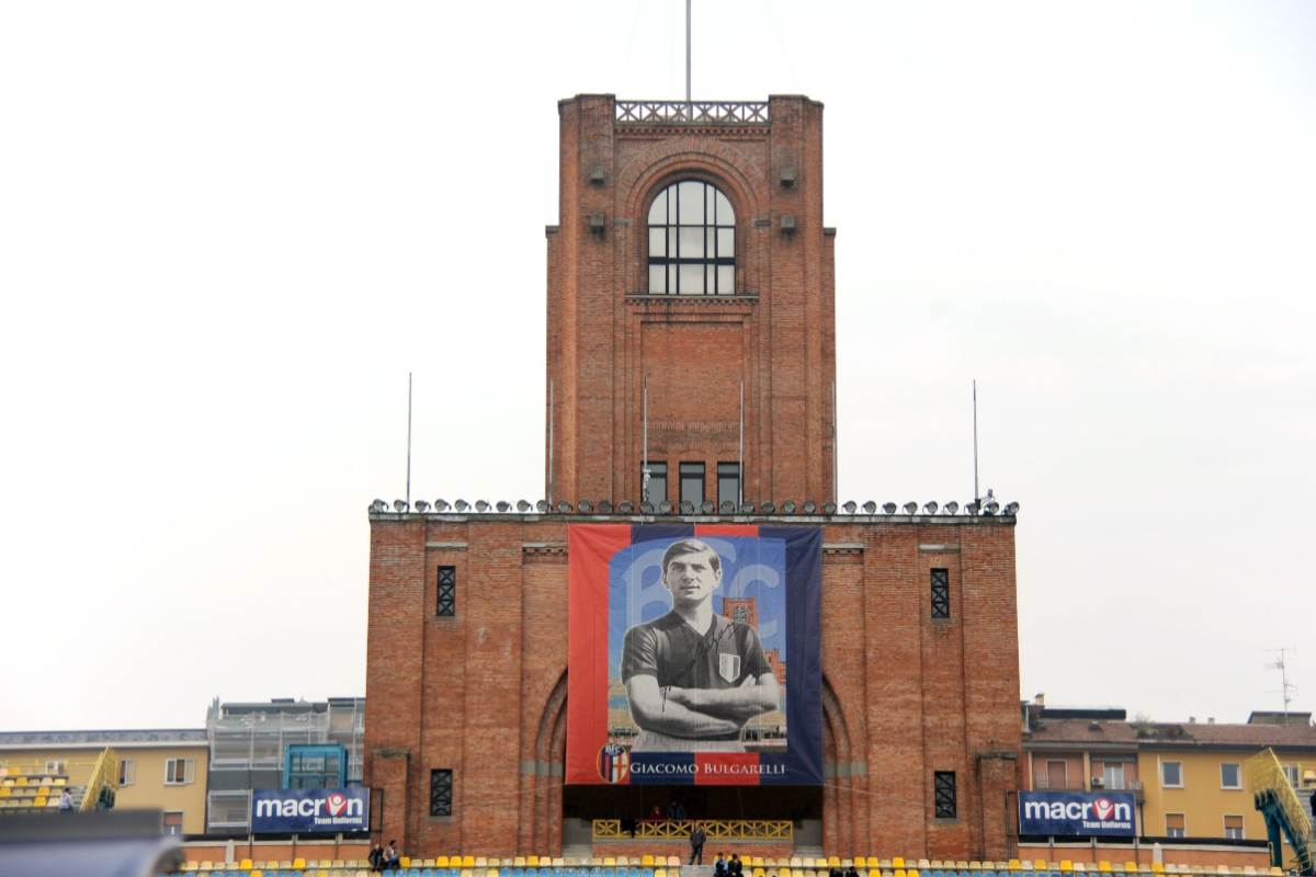 A giant flag on the Maratona's tower of Renato Dall'Ara Stadium to remember ancient Bologna's champion Giacomo Bulgarelli during the Serie A match between Bologna FC and Juventus FC at Stadio Renato Dall'Ara on October 24, 2010 in Bologna, Italy.