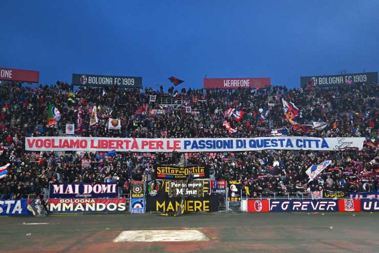Fans of Bologna show their support after the team's victory in the Serie A match between Bologna FC 1909 and US Lecce at Renato Dall'Ara Stadium on April 12, 2026 in Bologna, Italy.