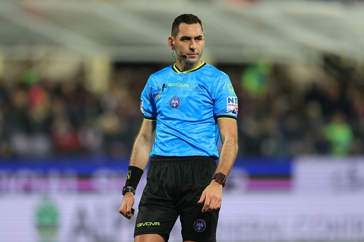 Referee Andrea Colombo looks on during the Serie A match between ACF Fiorentina and Torino FC at Artemio Franchi on February 7, 2026 in Florence, Italy.