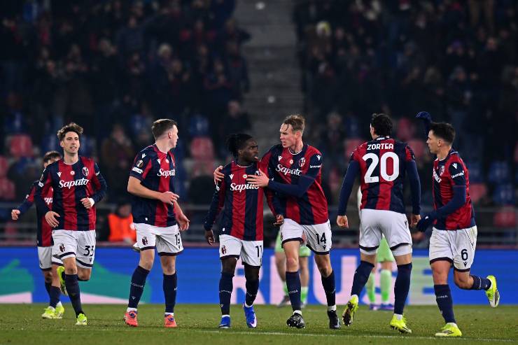 Jonathan Rowe of Bologna FC celebrates after scoring the 2-2 goal during the UEFA Europa League 2025/26 League Phase MD7 match between Bologna FC 1909 and Celtic FC at Stadio Renato Dall'Ara on January 22, 2026 in Bologna, Italy.