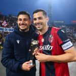APRIL 12: Riccardo Orsolini and Remo Freuler of Bologna celebrate after the team's victory in the Serie A match between Bologna FC 1909 and US Lecce at Renato Dall'Ara Stadium on April 12, 2026 in Bologna, Italy.
