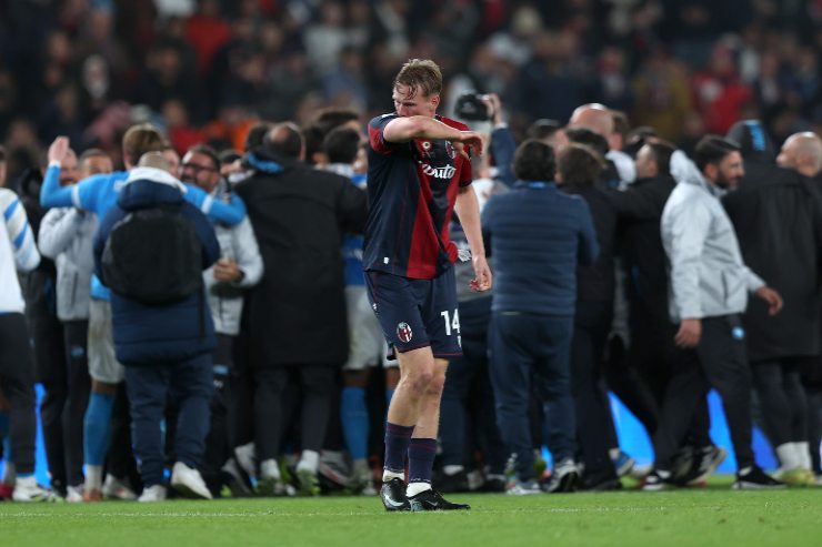  DECEMBER 22: Torbjorn Heggem of Bologna looks dejected after the team's defeat in the Supercoppa Italiana Final between SSC Napoli and Bologna FC 1909 at King Saud University Stadium on December 22, 2025 in Riyadh, Saudi Arabia. 