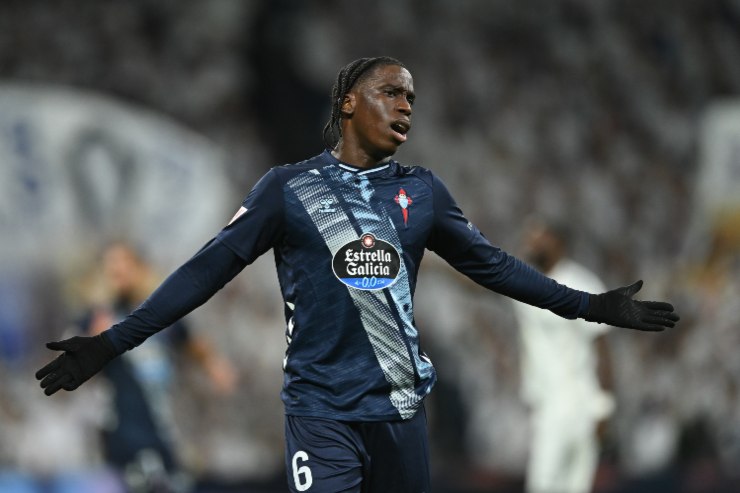 Ilaix Moriba of Celta Vigoreacts during the LaLiga EA Sports match between Real Madrid CF and RC Celta de Vigo at Estadio Santiago Bernabeu on December 07, 2025 in Madrid, Spain.