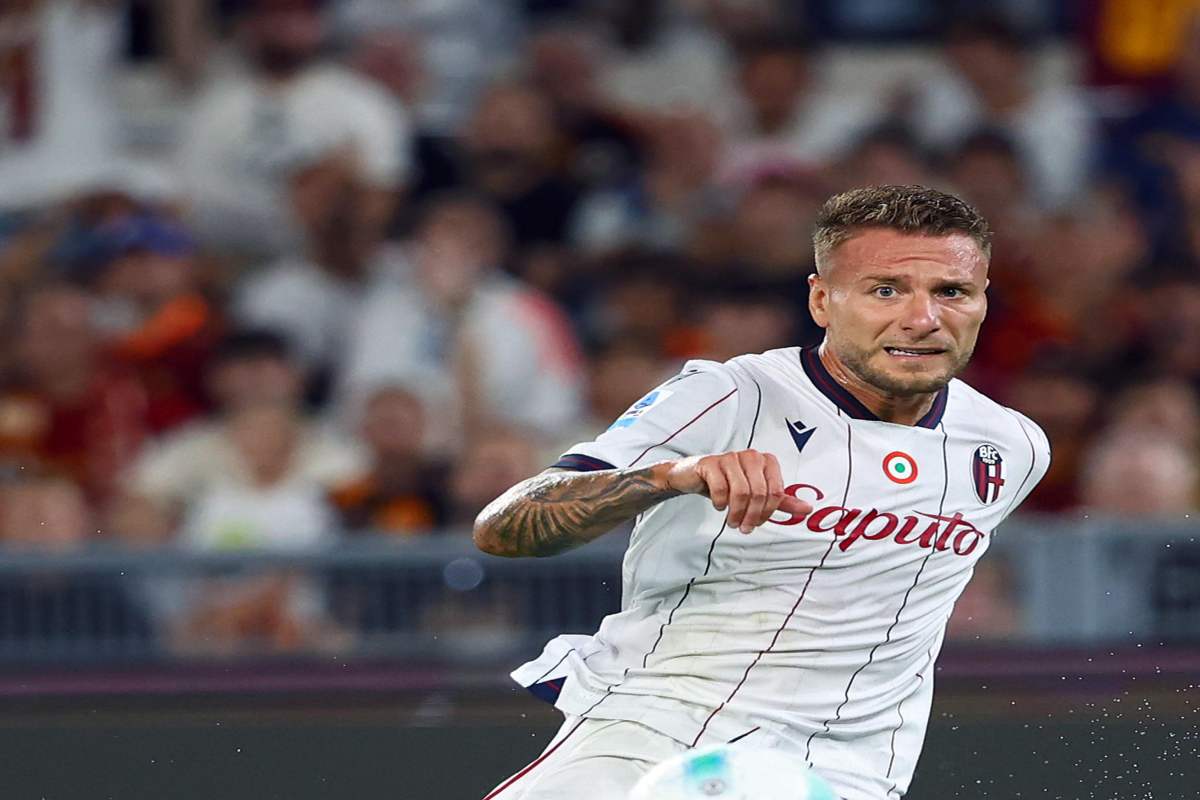 Ciro Immobile of Bologna kicks the ball during the Serie A soccer match between AS Roma and Bologna FC at Olimpico Stadium in Rome, Italy, 23 Aug 2025