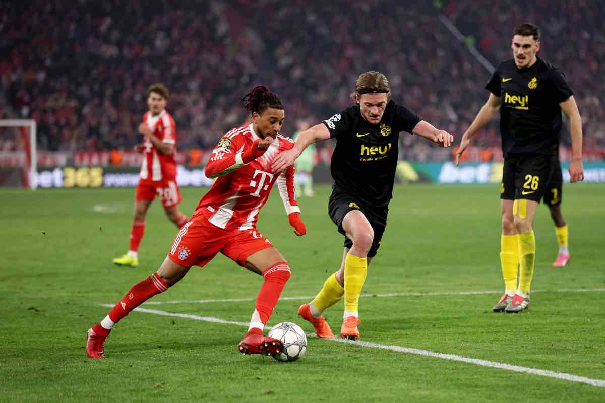 Fedde Leysen in marcatura su Olise durante Bayern Monaco-Union Saint Gilloise di Champions League