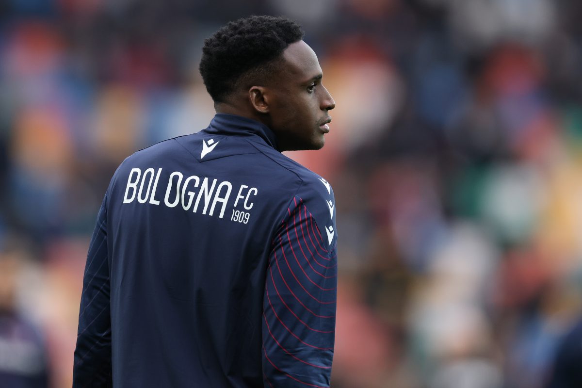Jhon Lucumi of Bologna looks on during the warm up ahead of the Serie A match between Udinese Calcio and Bologna FC 1909 at Stadio Friuli on November 22, 2025 in Udine, Italy.