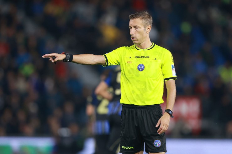 Davide Massa referee reacts during the Serie A match between Pisa SC and SS Lazio at Arena Garibaldi on October 30, 2025 in Pisa, Italy.