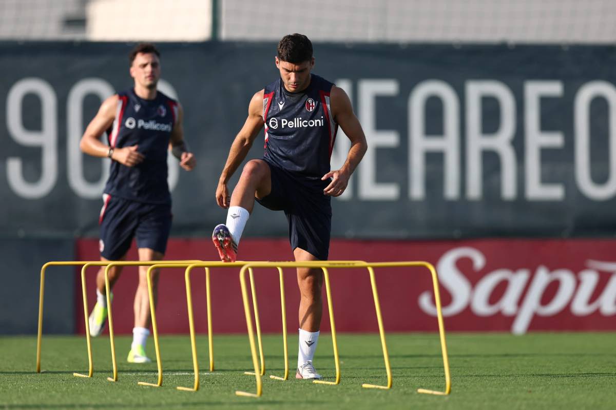 Nicolò Cambiaghi durante l’allenamento con il Bologna