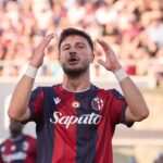 Riccardo Orsolini of Bologna FC reacts during the Serie A match between Bologna FC 1909 and AS Roma at Renato Dall'Ara Stadium on April 25, 2026 in Bologna, Italy.