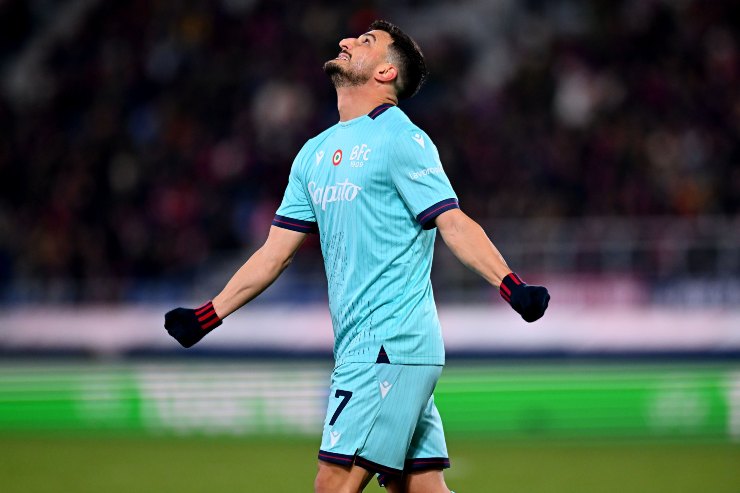 Riccardo Orsolini of Bologna FC reacts during the UEFA Europa League 2025/26 League Phase MD5 match between Bologna FC 1909 and FC Salzburg at Stadio Renato Dall'Ara on November 27, 2025 in Bologna, Italy.