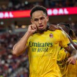 Noah Okafor esulta nell'amichevole Liverpool-Milan