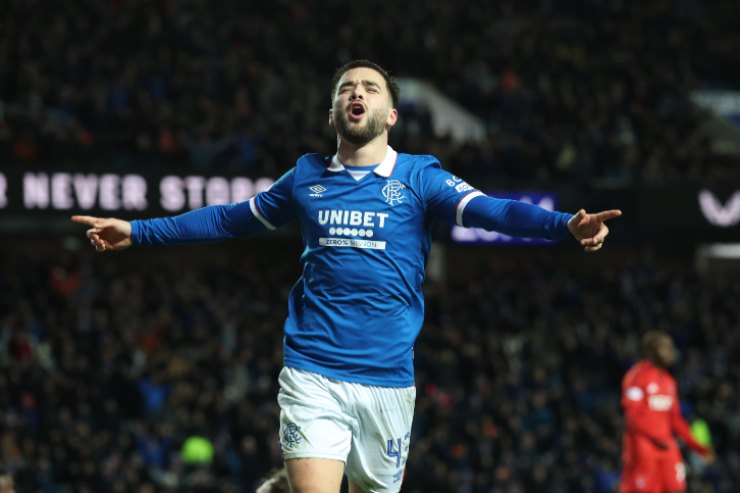 GLASGOW, SCOTLAND - JANUARY 06: Nicolas Raskin of Rangers celebrates after he scores his team's second goal during the William Hill Premiership match between Rangers and Aberdeen at Ibrox Stadium on January 06, 2026 in Glasgow, Scotland.