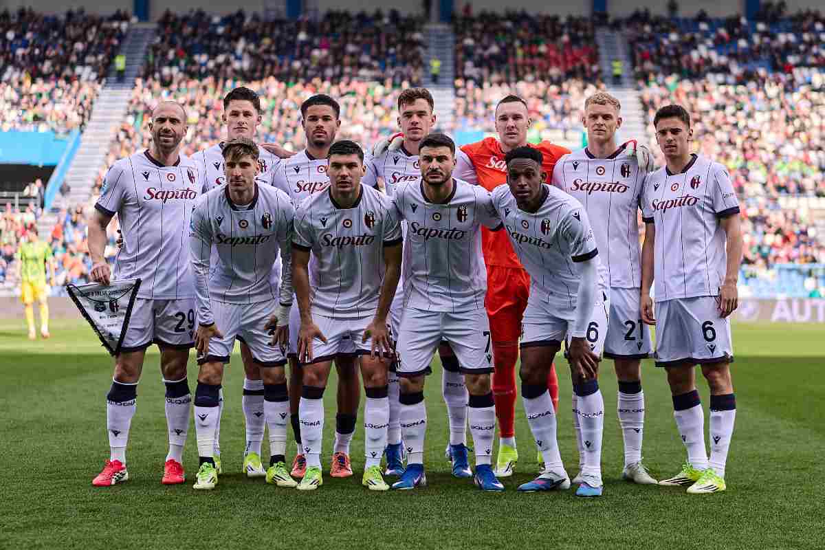 Bologna FC lineup during the Serie A match between US Sassuolo Calcio and Bologna FC 1909 at Mapei Stadium Citta del Tricolore on March 15, 2026 in Sassuolo, Italy.