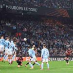 Ali Abdi of OGC Nice shoots on goal during the UEFA Europa League 2025/26 League Phase MD3 match between Real Club Celta and OGC Nice at Estadio Abanca Balaidos on October 23, 2025 in Vigo, Spain.
