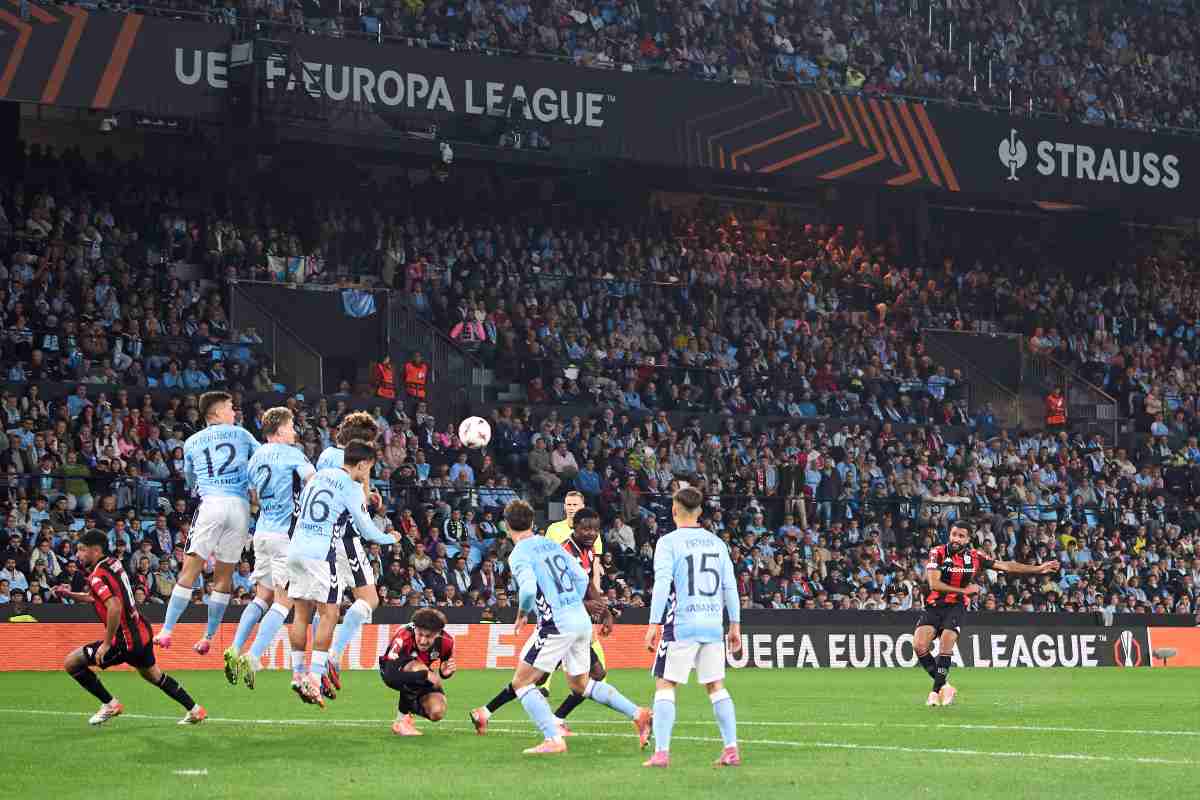 Ali Abdi of OGC Nice shoots on goal during the UEFA Europa League 2025/26 League Phase MD3 match between Real Club Celta and OGC Nice at Estadio Abanca Balaidos on October 23, 2025 in Vigo, Spain.