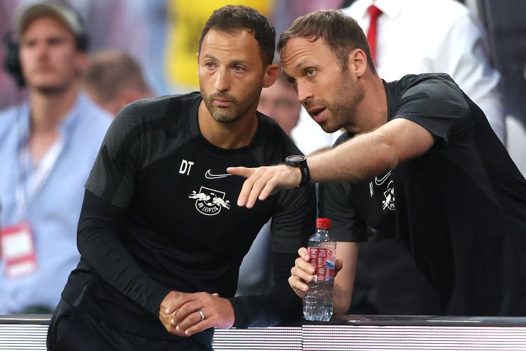 JULY 21: Domenico Tedesco, head coach of Leipzig and his assistent coach Andreas Hinkel (R) during the pre-season friendly match between RB Leipzig and Liverpool FC at Red Bull Arena on July 21, 2022 in Leipzig, Germany.