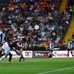 Riccardo Orsolini of Bologna misses a chance to score during the Serie A match between Udinese and Bologna at Stadio Friuli on April 28, 2025 in Udine, Italy.