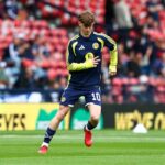 GLASGOW, SCOTLAND - MAY 30: James Wilson of Scotland warms up prior to the international friendly match between Scotland and Curacao at Hampden Park on May 30, 2026 in Glasgow, Scotland.
