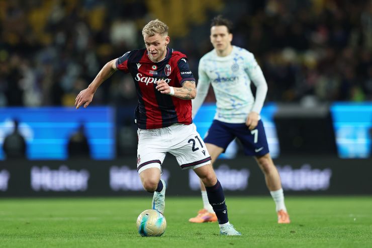 Jens Odgaard con la maglia del Bologna contro l'Inter
