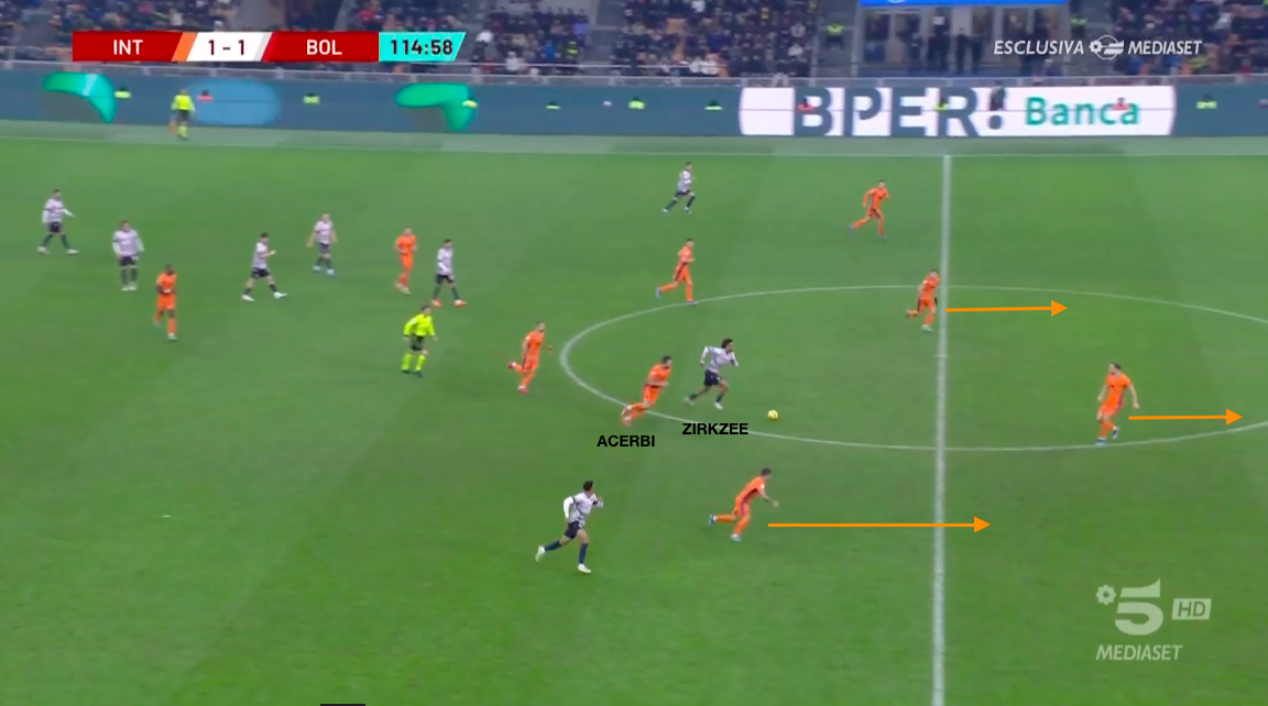 Zirkzee supera Acerbi con un tunnel