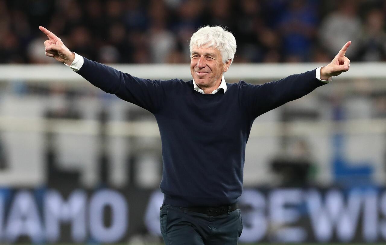 Gian Piero Gasperini, festeggia la vittoria al termine della partita di Serie A tra Atalanta BC e AS Roma, disputata al Gewiss Stadium il 12 maggio 2025 a Bergamo
