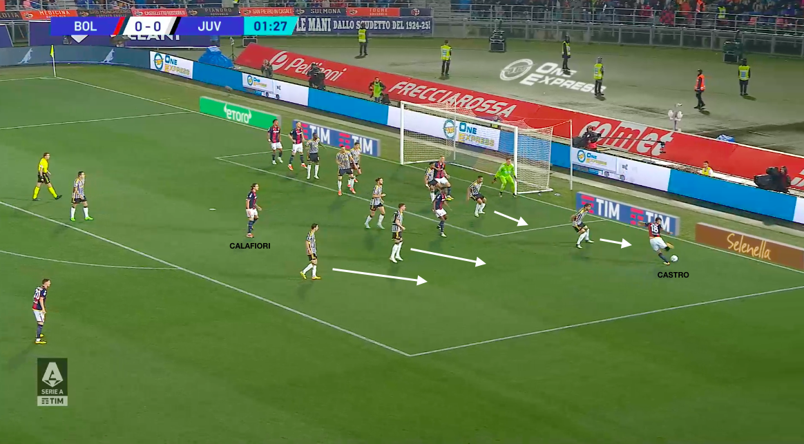 Il gol del vantaggio di Calafiori